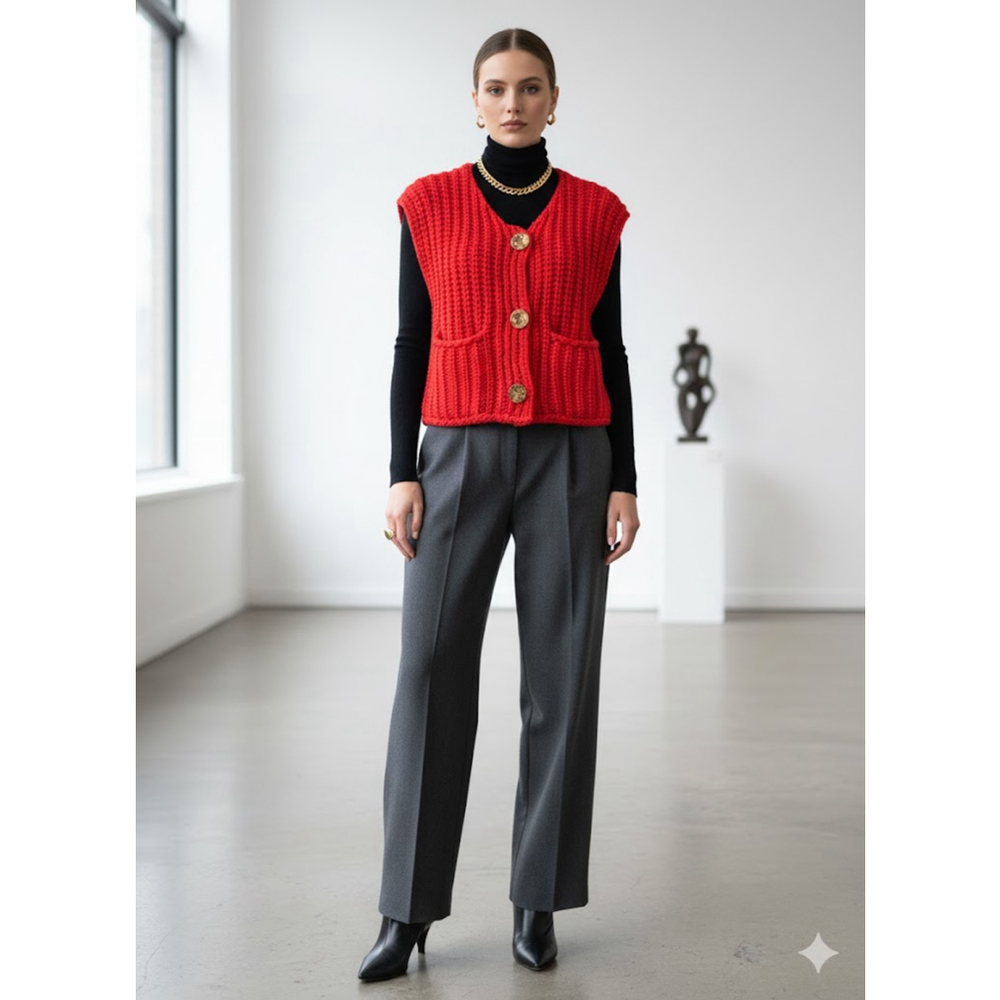 Red Chunky Knit Button Down Vest with Gold Accents Large